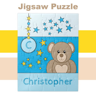 Cute teddy bear stars name blue kids jigsaw puzzle