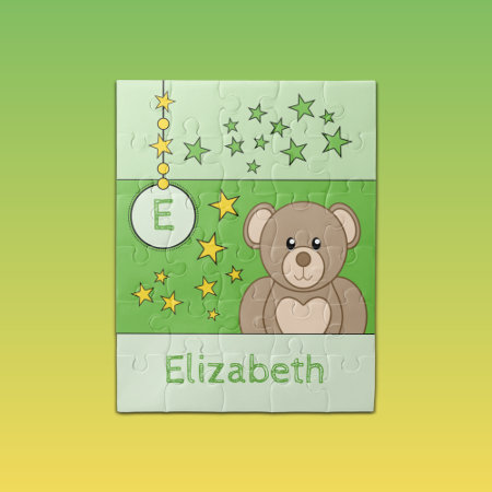 Cute Teddy Bear Stars Name Green Jigsaw Puzzle