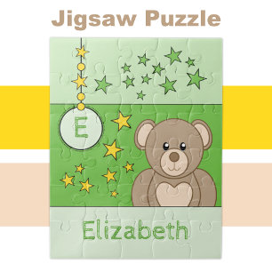 Cute teddy bear stars name green kids jigsaw puzzle