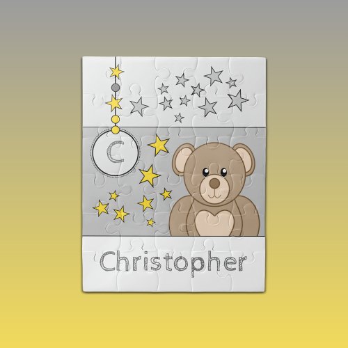 Cute teddy bear stars name grey jigsaw puzzle