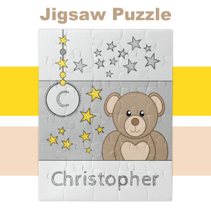 Cute teddy bear stars name grey kids jigsaw puzzle