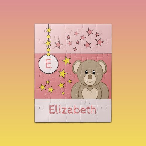 Cute teddy bear stars name pink jigsaw puzzle