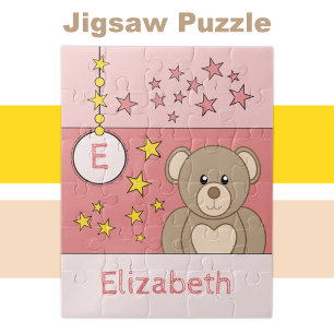 Cute teddy bear stars name pink kids jigsaw puzzle