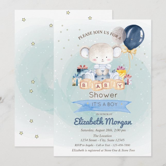Cute Teddy Bear,Stars Presents Blue Baby Shower  Invitation (Front/Back)