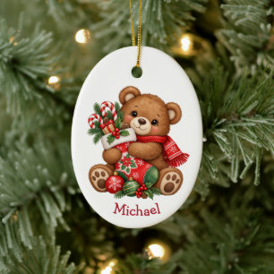 Cute Teddy Bear Stocking Hug Christmas Ceramic Ornament