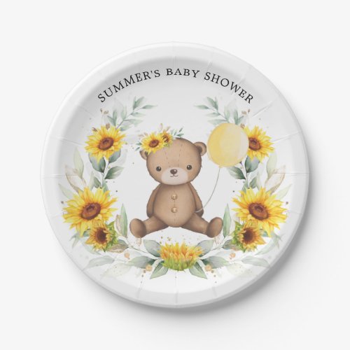 Cute Teddy Bear Sunflower Baby Shower 1st Birthday Paper Plates