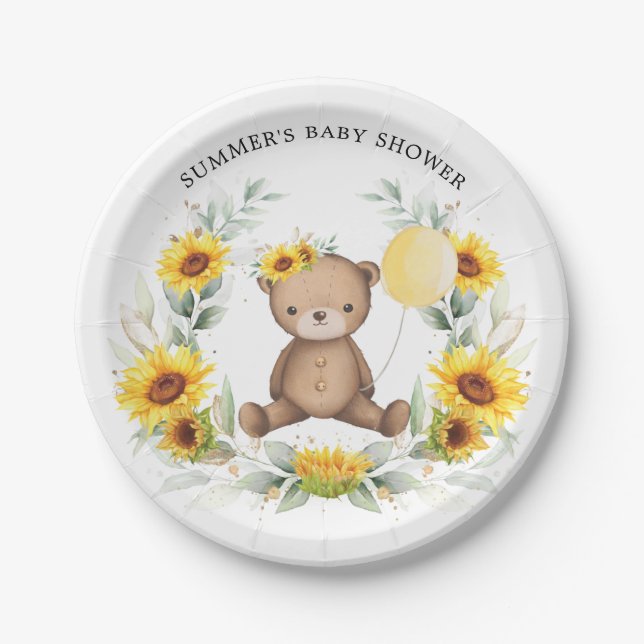 Cute Teddy Bear Sunflower Baby Shower 1st Birthday Paper Plates (Front)