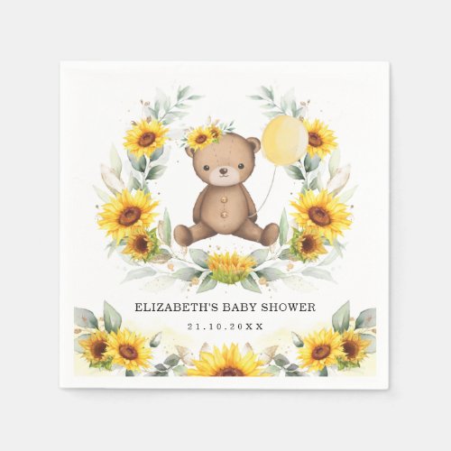 Cute Teddy Bear Sunflower Balloon Baby Shower Napkins