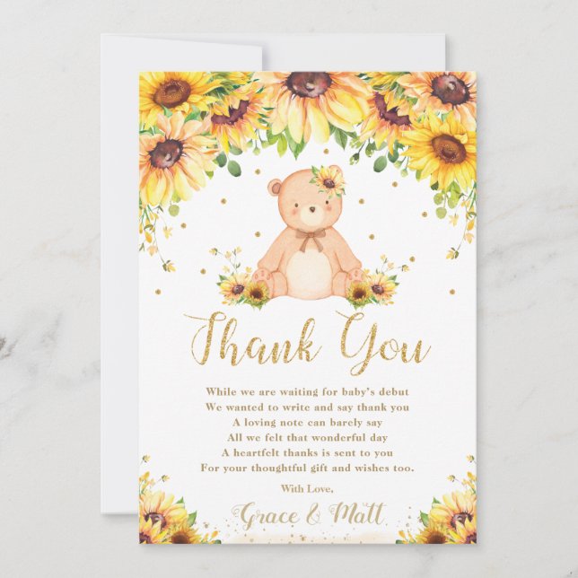 Cute Teddy Bear Sunflower Floral Baby Shower  Thank You Card (Front)