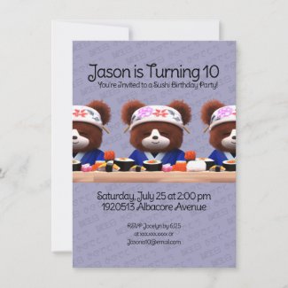 Cute Teddy Bear Sushi Chef Birthday Party Invitation