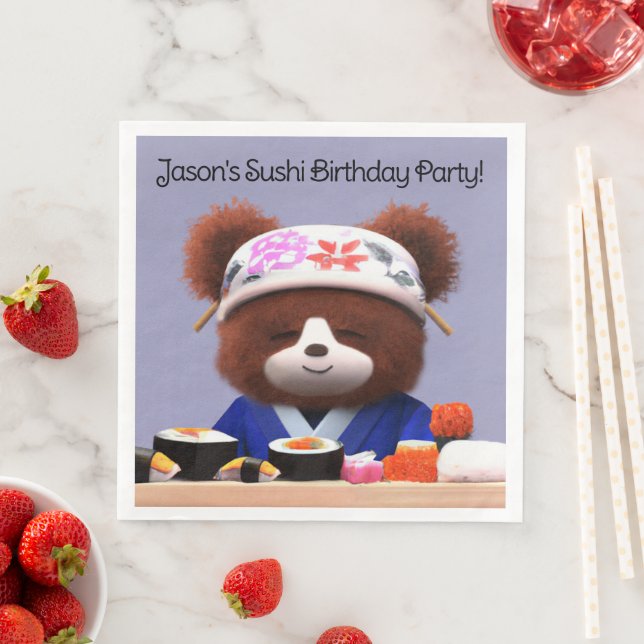Cute Teddy Bear Sushi Chef Birthday Party Paper Dinner Napkins (Insitu)