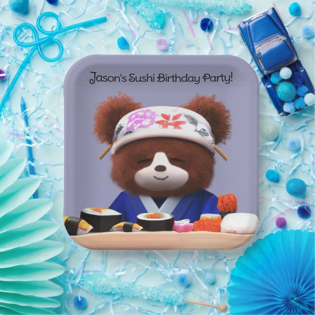 Cute Teddy Bear Sushi Chef Birthday Party Paper Plates (Party)