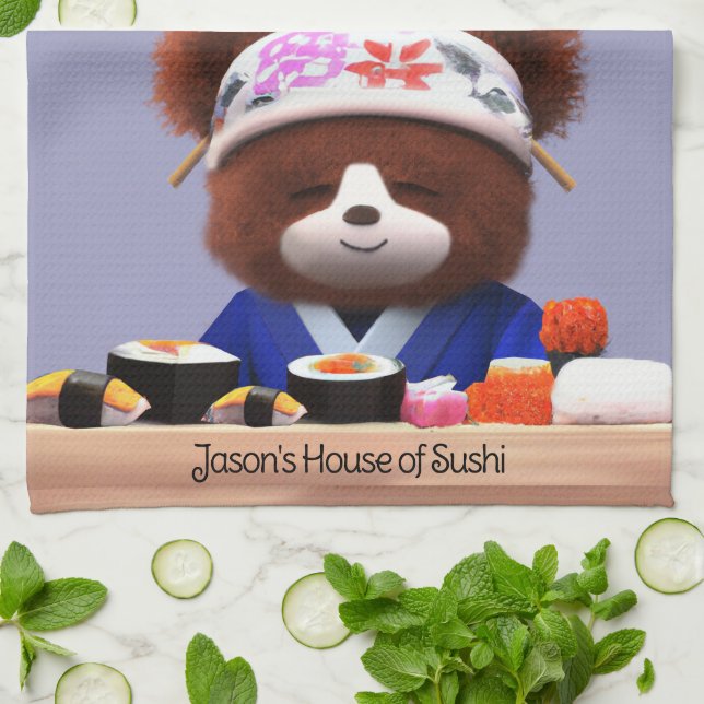 Cute Teddy Bear Sushi Chef Kitchen Towel (Folded)