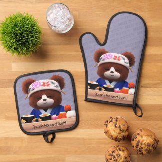 Cute Teddy Bear Sushi Chef Mitt & Potholder Set