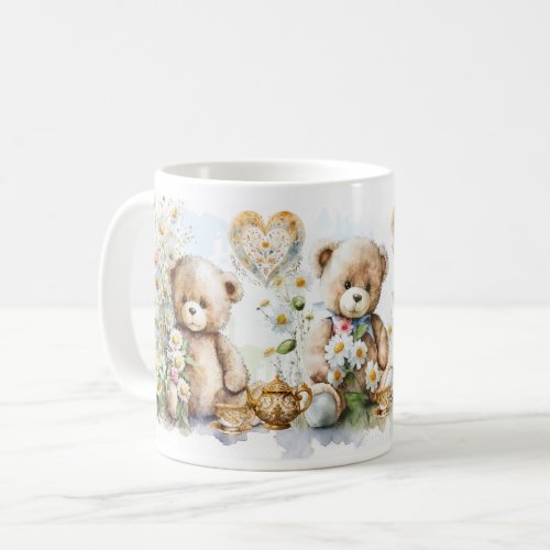 Cute Teddy Bear Tea Party Floral Mug