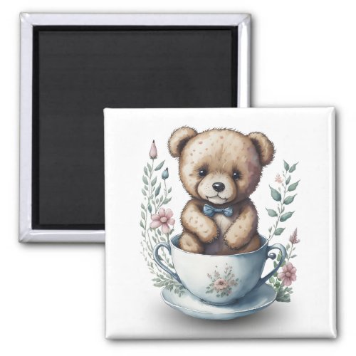 Cute Teddy Bear Teacup with Flowers Refrigerator  Magnet