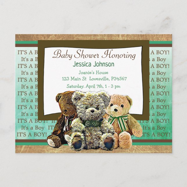 Cute Teddy Bear Themed Boy's Baby Shower Invitation Postcard (Front)