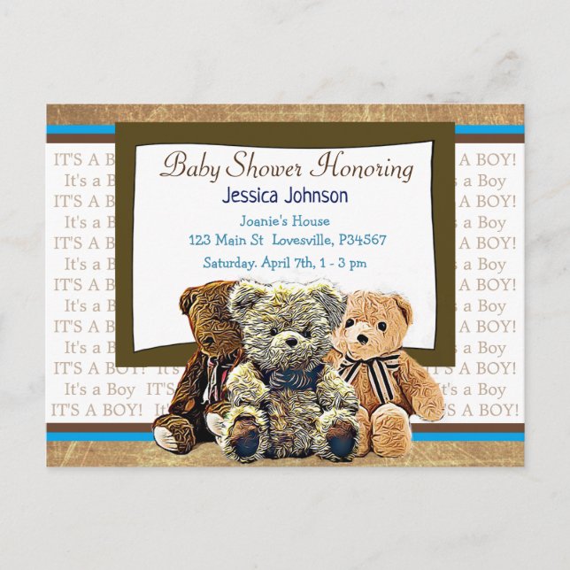 Cute Teddy Bear Themed Boy's Baby Shower Invitation Postcard (Front)