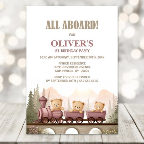 Cute Teddy Bear Train 1st Birthday Party Invitation