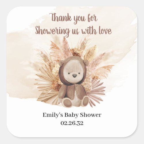 Cute teddy bear tropical dried palm pampas baby square sticker