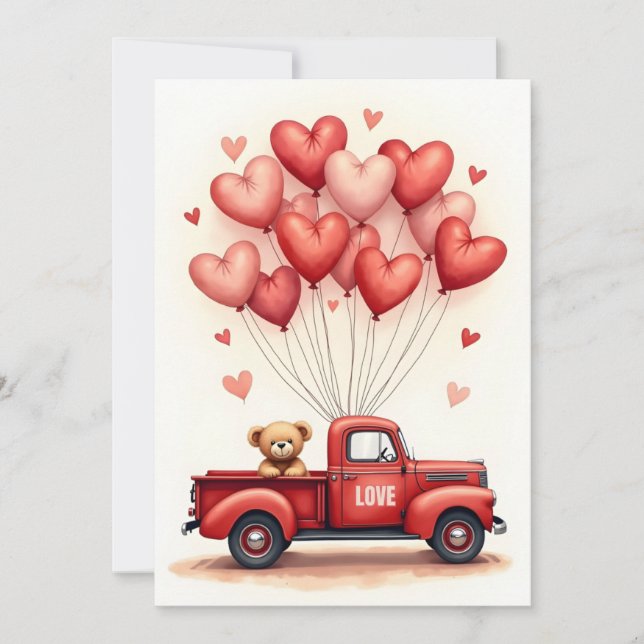 Cute Teddy Bear Truck Valentine Card (Front)