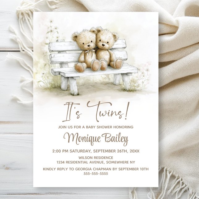 Cute Teddy Bear Twins Baby Shower Invitation (Creator Uploaded)