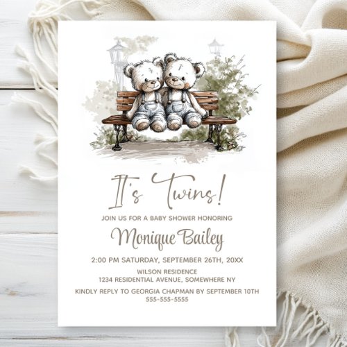 Cute Teddy Bear Twins Baby Shower Invitation
