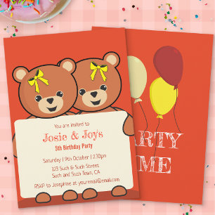 Cute Teddy Bear Twins or Siblings Birthday Party Invitation