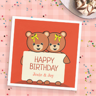 Cute Teddy Bear Twins or Siblings Birthday Party Napkins