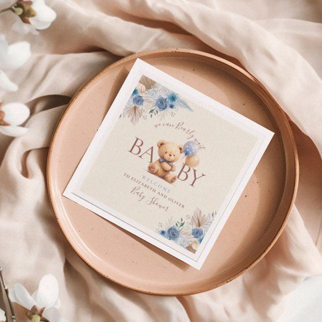 Cute Teddy Bear Two Balloons Blue Flowers Napkins (Creator Uploaded)