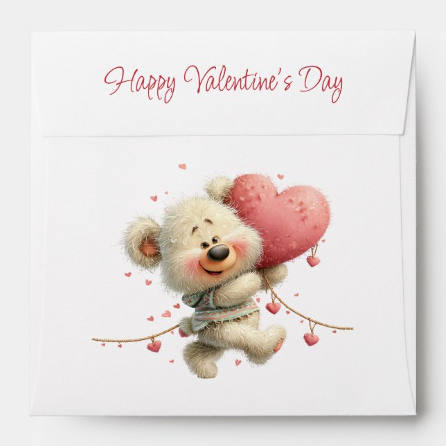 Cute Teddy Bear Valentine Card with Pink Heart Envelope (Back (Top Flap))