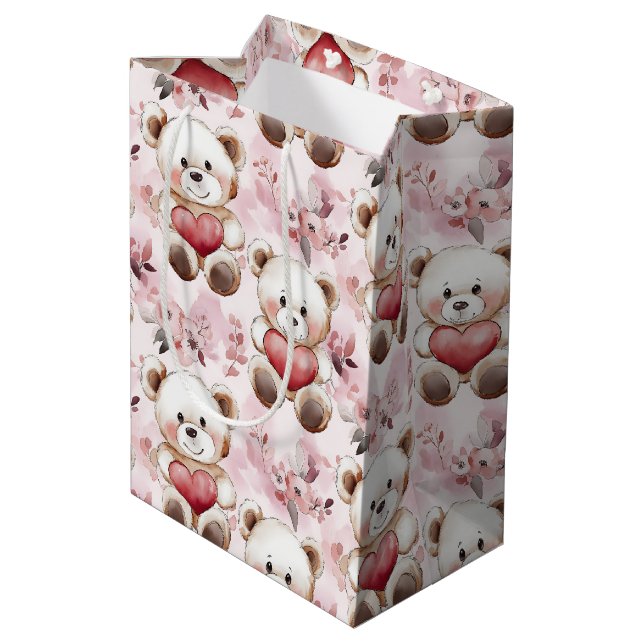 Cute Teddy Bear Valentine’s Day Hearts Pattern  Medium Gift Bag (Back Angled)