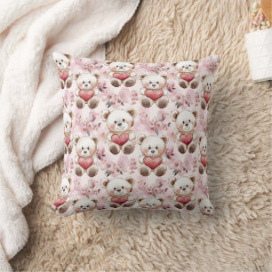 Cute Teddy Bear Valentine’s Day Hearts Pattern Throw Pillow