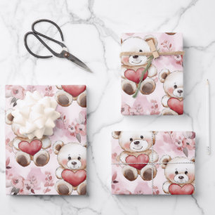 Cute Teddy Bear Valentine’s Day Hearts Pattern Wrapping Paper Sheets