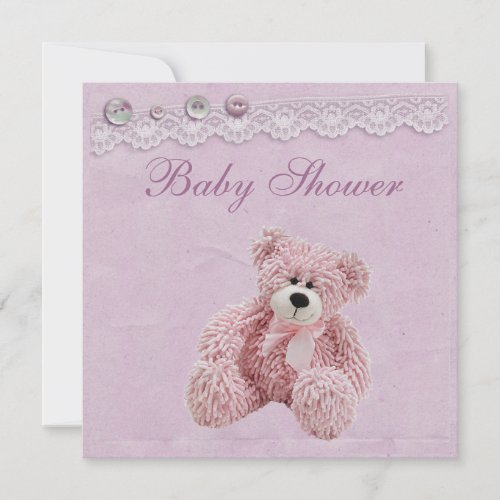 Cute Teddy Bear Vintage Lace Baby Girl Shower Invitation