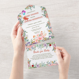 Cute teddy Bear w Balloon floral baby shower All In One Invitation