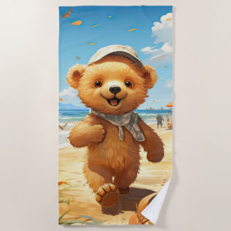 Cute teddy bear walking on the beach towel