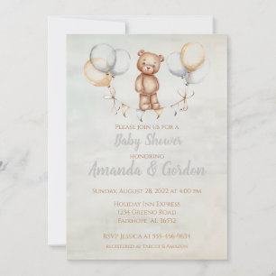 Cute Teddy Bear Watercolor Baby Shower  Invitation