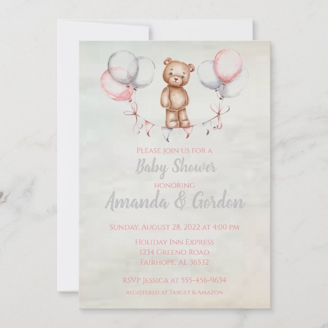 Cute Teddy Bear Watercolor Baby Shower Invitation (Front)