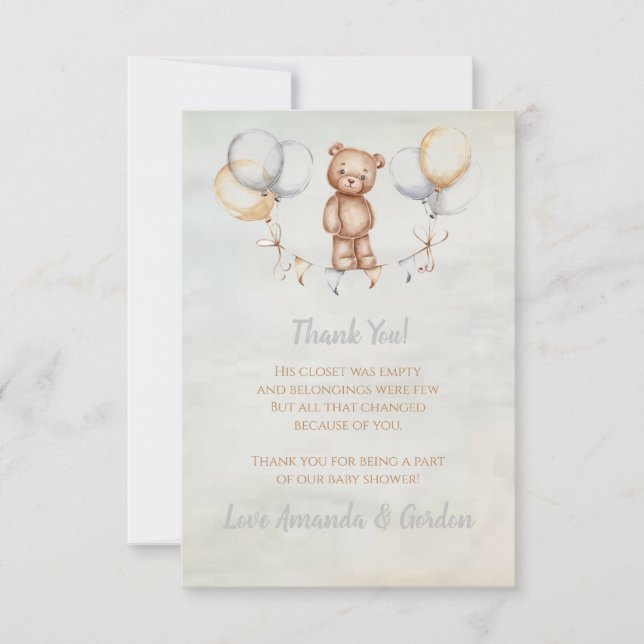 Cute Teddy Bear Watercolor Baby Shower Thank You Card (Front)
