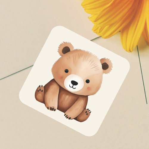 Cute Teddy Bear Watercolor Baby Woodland Animals Square Sticker