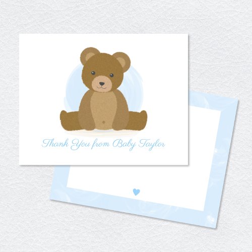 Cute Teddy Bear Watercolor Blue Baby Boy Shower Thank You Card