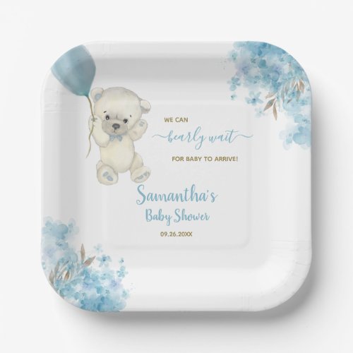 Cute Teddy Bear Watercolor Blue Boy Baby Shower Paper Plates