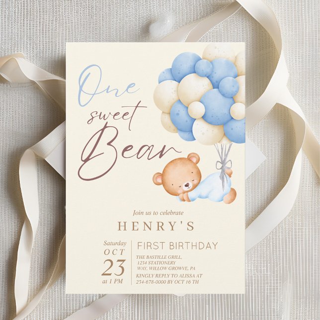 Cute Teddy Bear Watercolor Boy 1st Birthday Party Invitation (Creator Uploaded)
