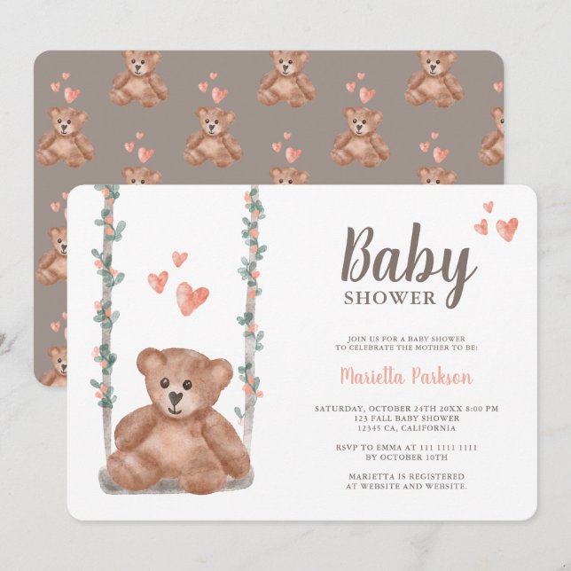 Cute teddy bear watercolor floral baby shower invitation (Front/Back)