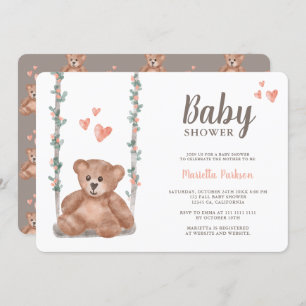 Cute teddy bear watercolor floral baby shower invitation