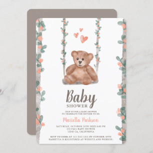 Cute teddy bear watercolor floral baby shower invitation