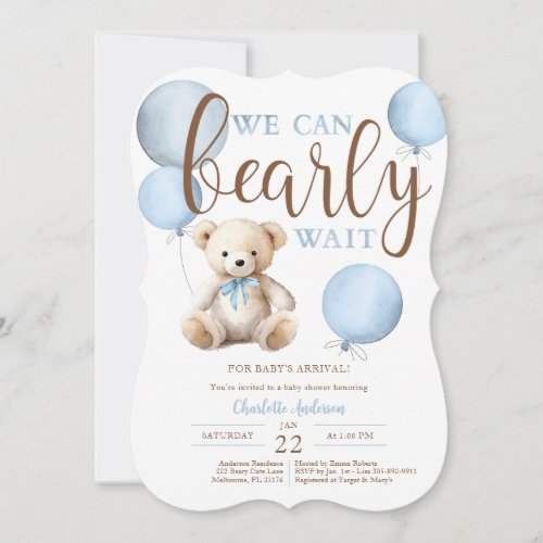 Cute Teddy Bear We Can Bearly Wait Baby Shower Invitation