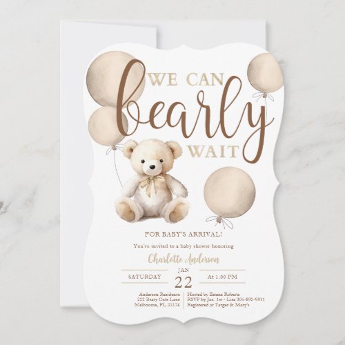 Cute Teddy Bear We Can Bearly Wait Baby Shower Invitation