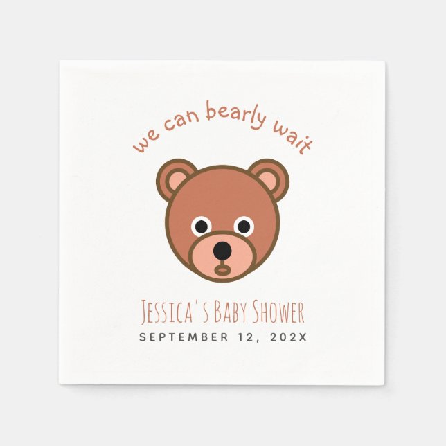 Cute Teddy Bear We Can Bearly Wait Baby Shower Napkins (Front)